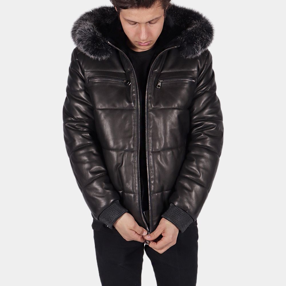 Men's Desmond Black Leather Puffer Jacket - Front View
