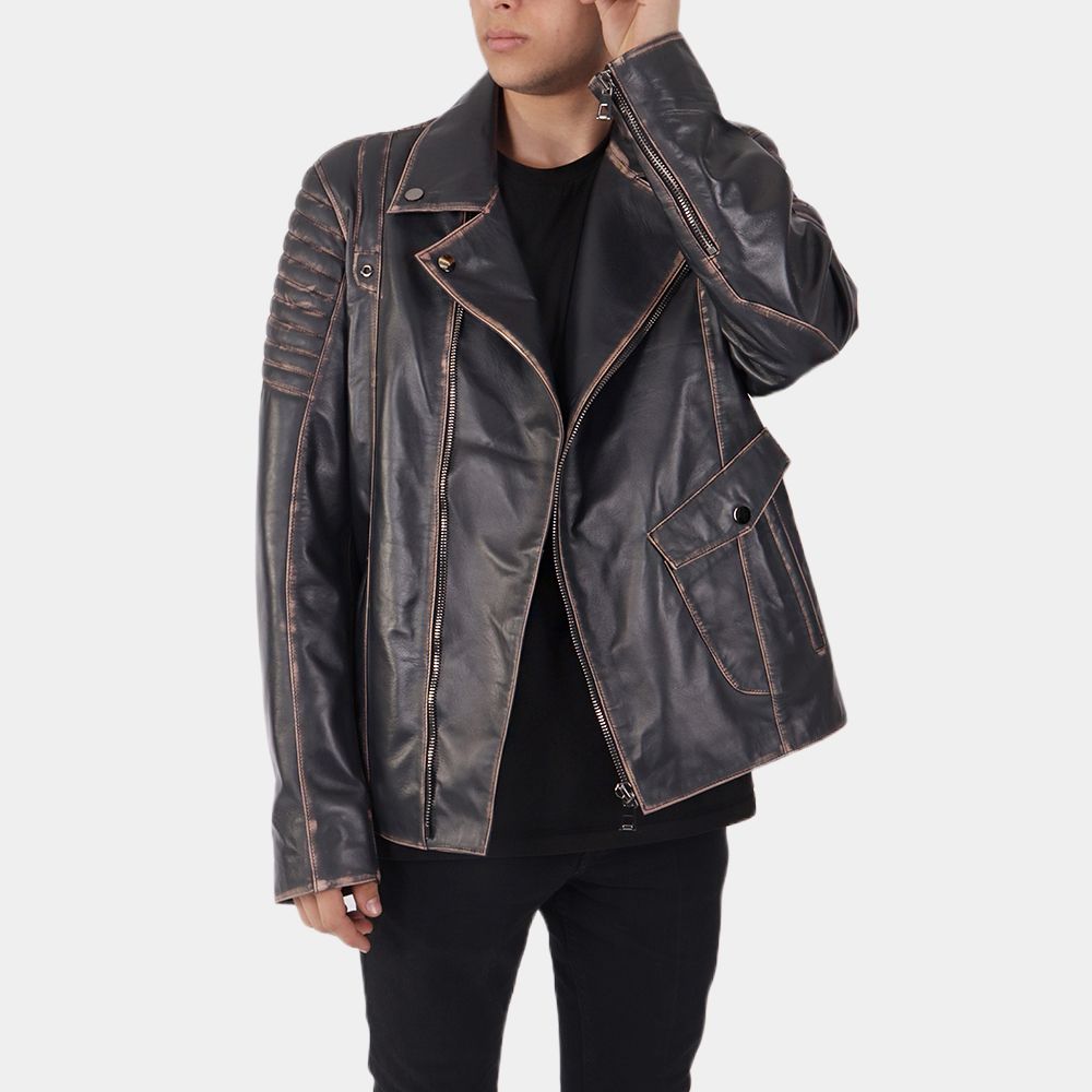 Men's Enzo Black Leather Biker Jacket - Front VIew