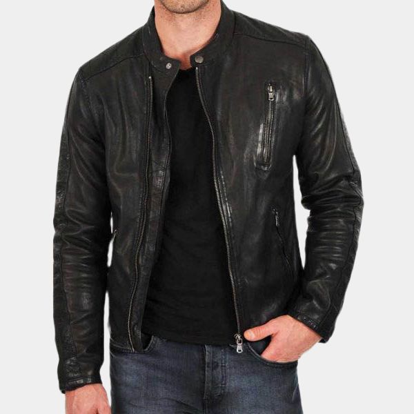 Men's Mobil Leather Cafe Racer Jacket - Front View