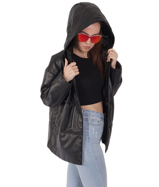 Women's Black Lotus Leather Puffer Jacket