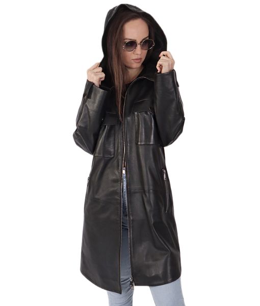 Women's Black Love Leather Hooded Coat