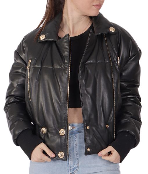 Women's Amal Black Leather Puffer Jacket