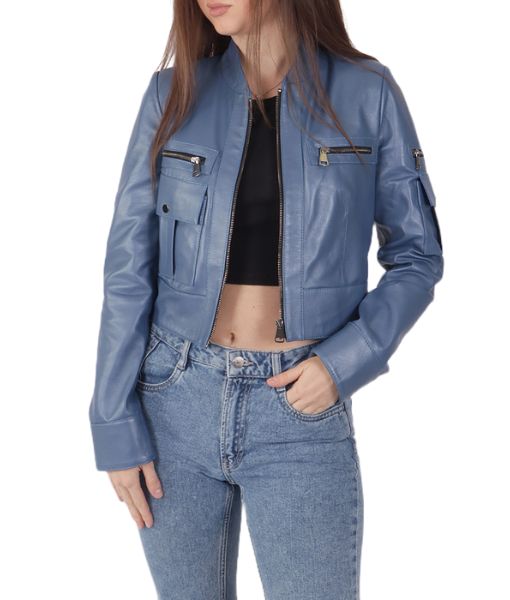 Women's Skyler Blue Leather Biker Jacket
