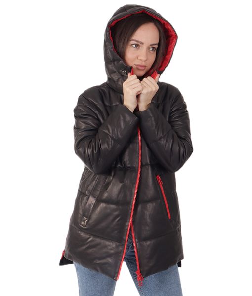 Women's Cosmo Red Leather Puffer Jacket