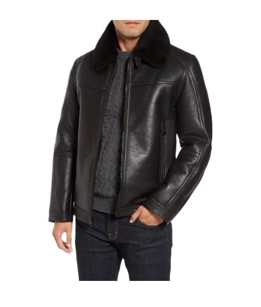 Men's Baxter Shearling Collar Aviator Black Leather Jacket