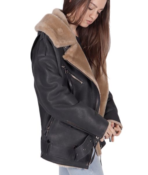 Women's Cara Black Leather Aviator Jacket