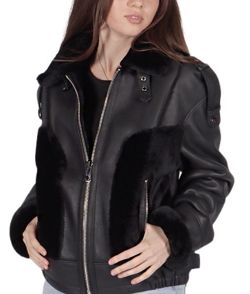 Women's Blake Black Leather Shearling Collar Jacket