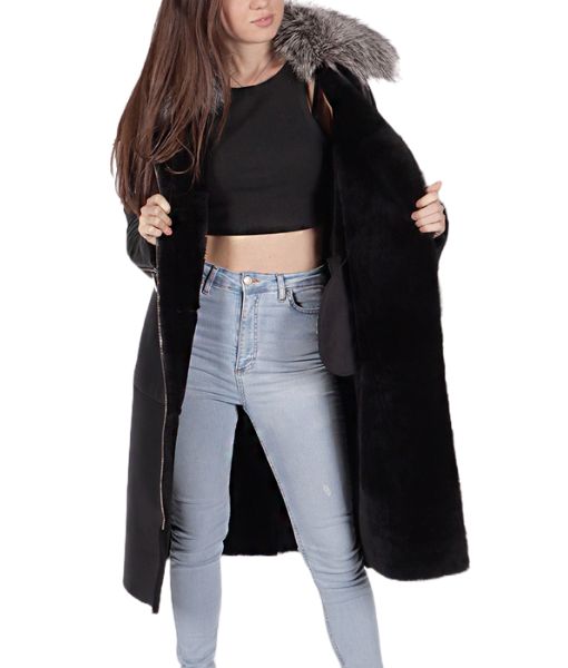Women's Eloise Black Leather Shearling Coat