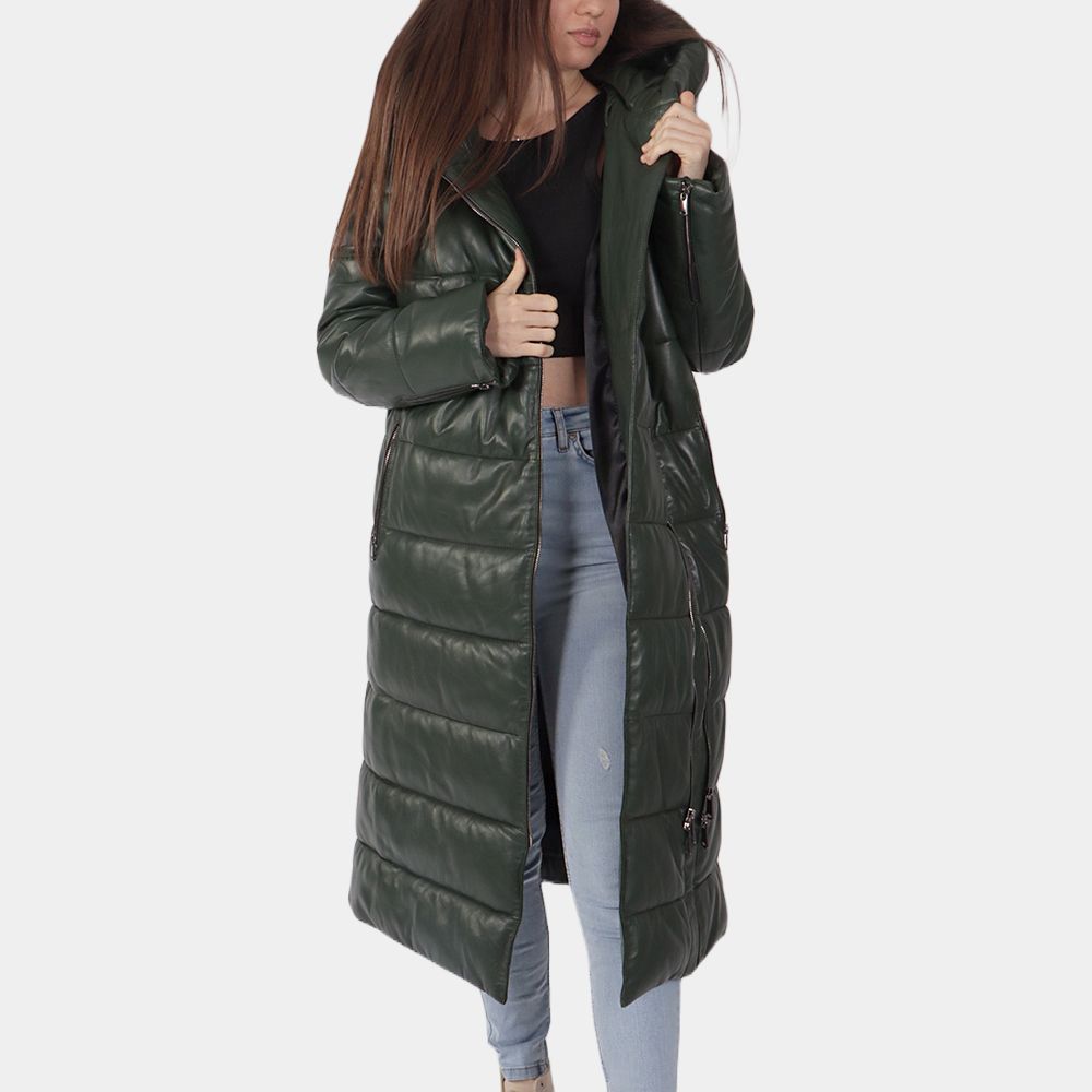 Women's Black Leather Puffer Jacket - Front View