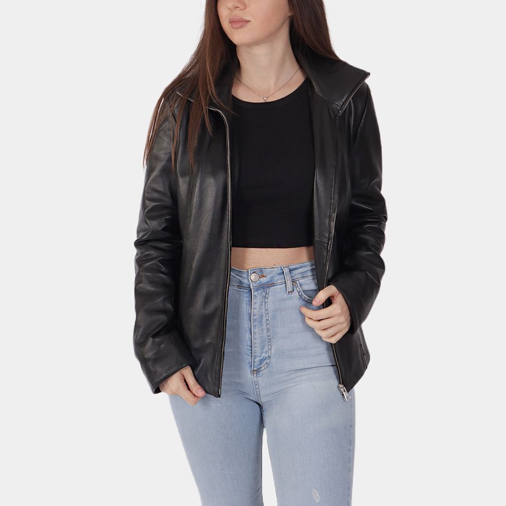 Women's Damascus Black Leather Jacket - Front View