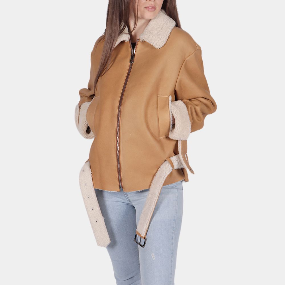 Women's Dorain Brown Leather Aviator Jacket - Front View