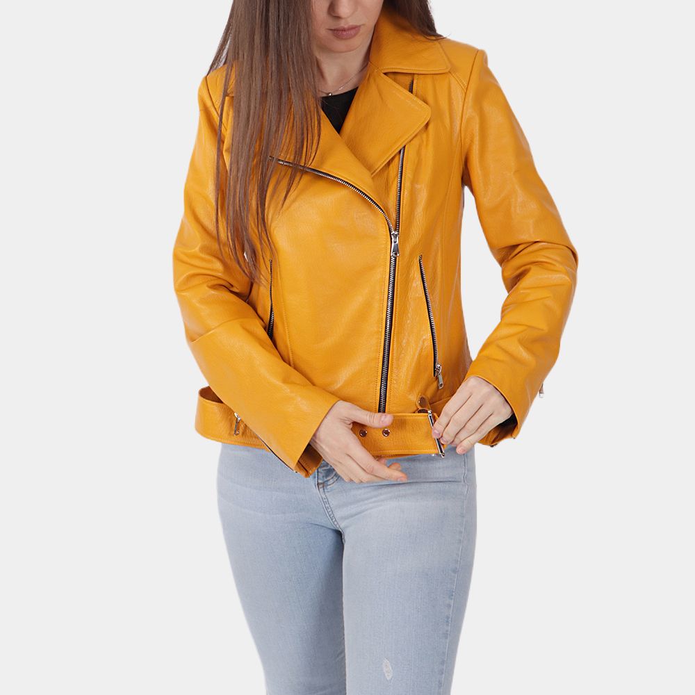 Women's Jenna Yellow leather Biker Jacket - Front View