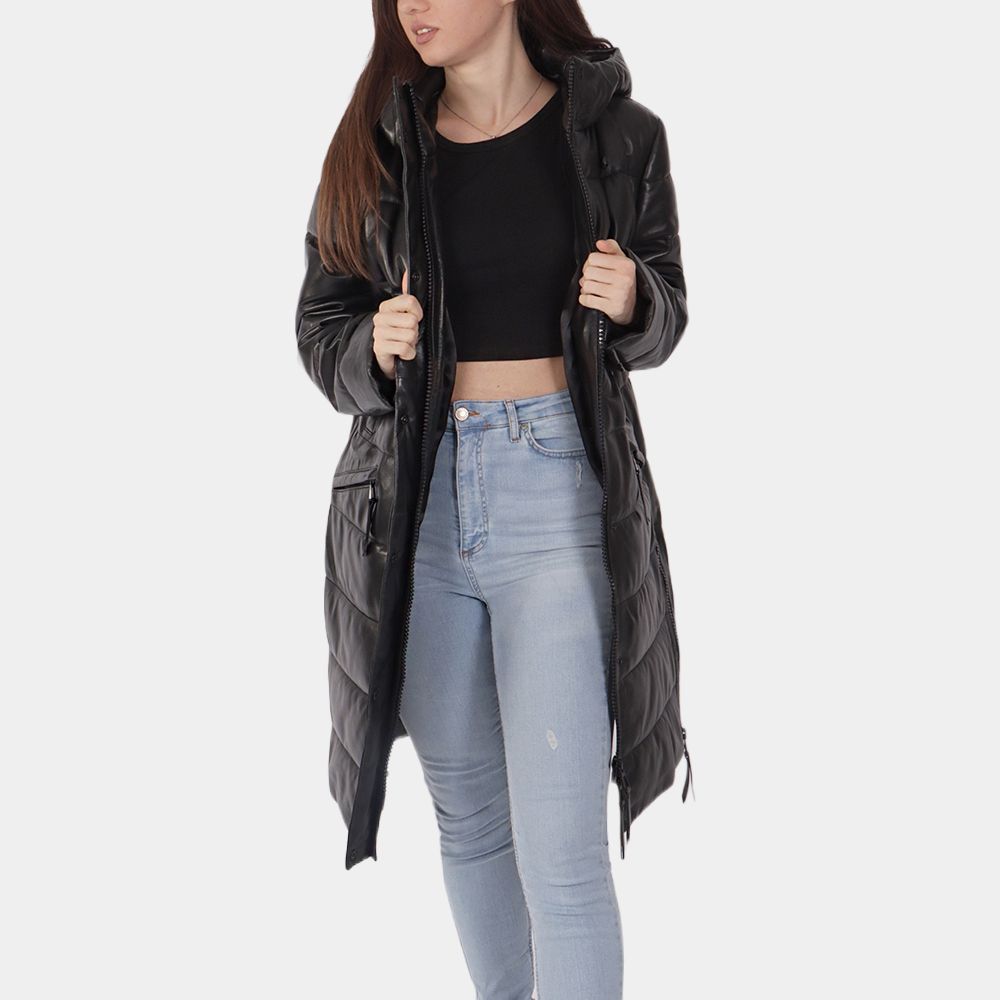 Women's Parilis Black leather Puffer Jacket - Front View