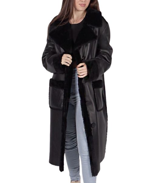 Women's Saldana Black Leather Shearling Coat