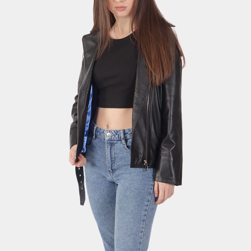 Women's Samara Black Leather Biker Jacket - Front View