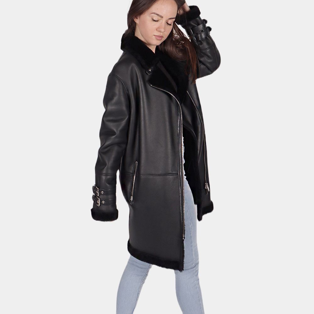 Women's Shynara Black Leather Shearling Coat - Posture View