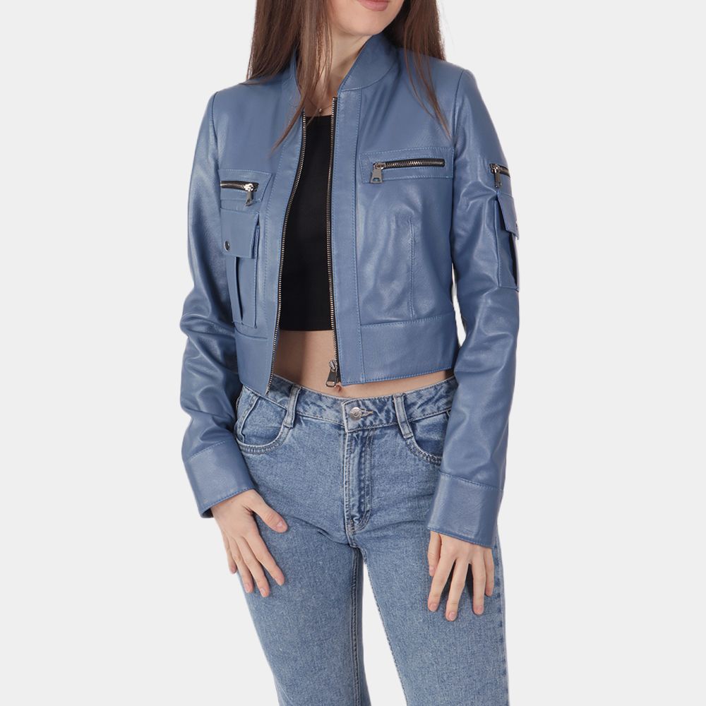 Women's Skyler Blue Leather Biker Jacket - Front View