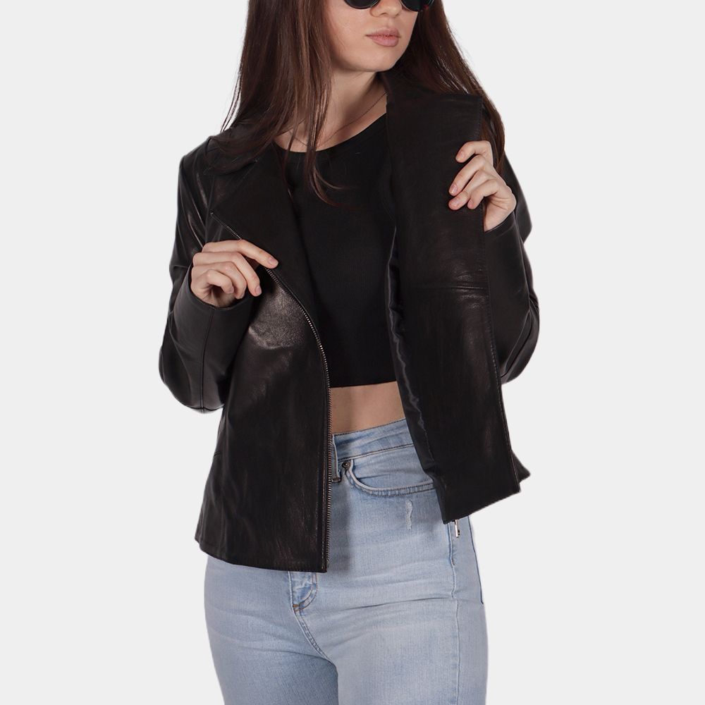Women's Zalor Black Biker Jacket - Front View