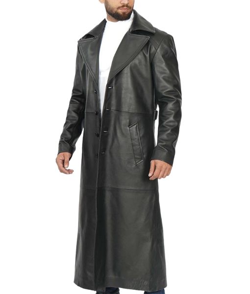 Men's Blade Wesley Snipes Leather Trench Long Coat with Red Viscose Lining