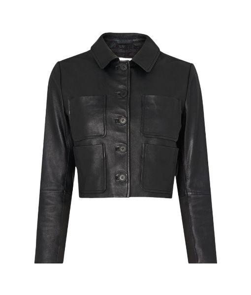 Wednesday Black Cropped Leather Jacket with Spread Collar