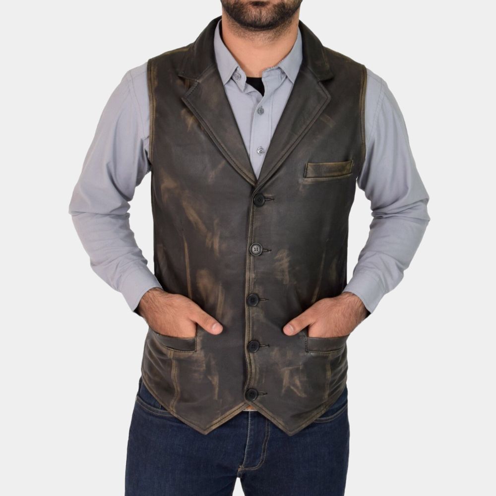 Hell on Wheel Cullen Bohannon Rub Off Vintage Western Brown Leather Vest-Front View