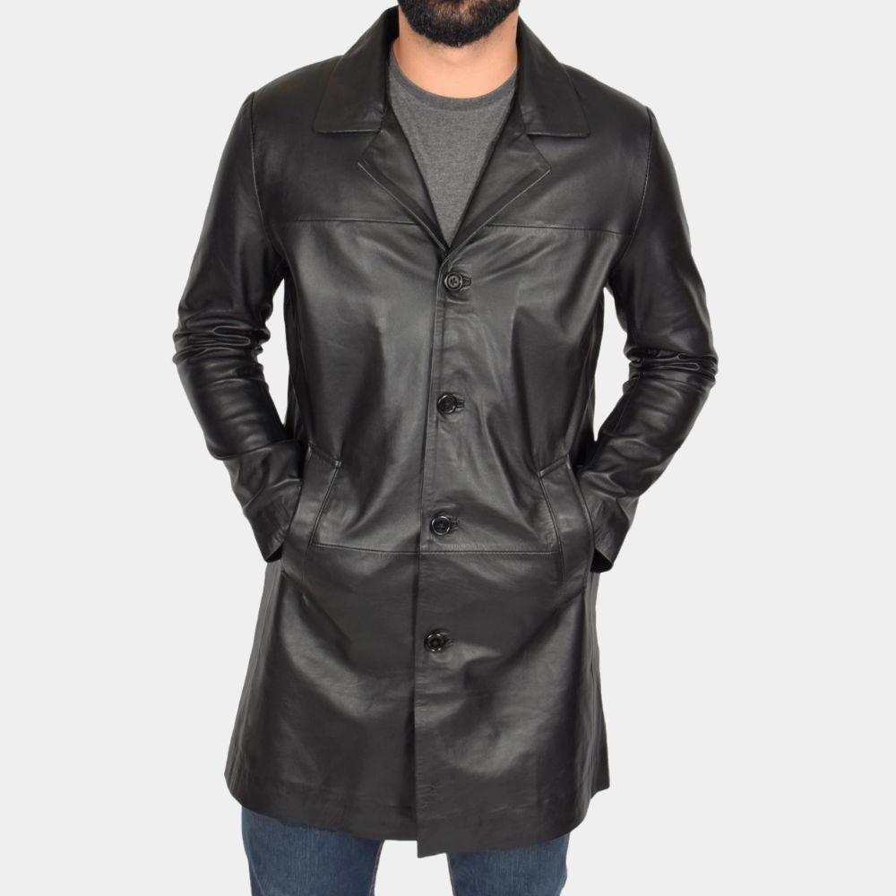 Men's Kurt Cobain Leather Coat - Nirvana Legend Black 3/4 Length Crombie Coat - Front View