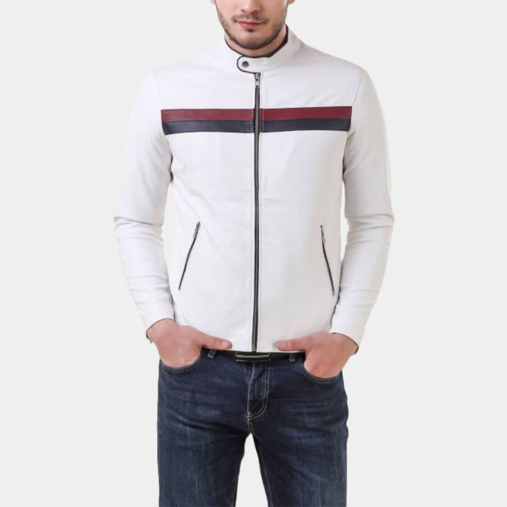 Men's White Sky Cafe Racer Stripped Leather Jacket - Front View