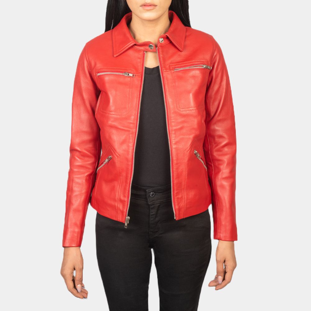 Once Upon A Time Emma Swan Red Leather Biker Jacket - Front View