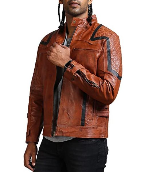 Men's Bellagio Vintage Tan Brown Leather Biker Jacket
