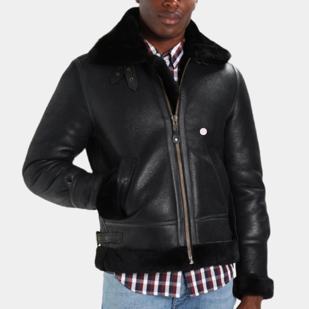 Men's Black Bernard RAF Leather Aviator Jacket - Front View