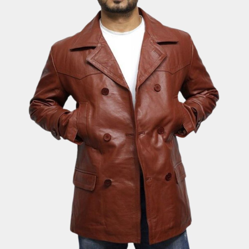 The Haunted Mansion Ben Matthias Brown Leather Peacoat - Front View