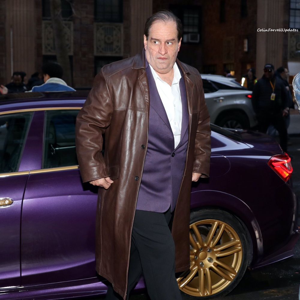 The Penguin Oswald Cobblepot Brown Leather Trench Coat - Posture View