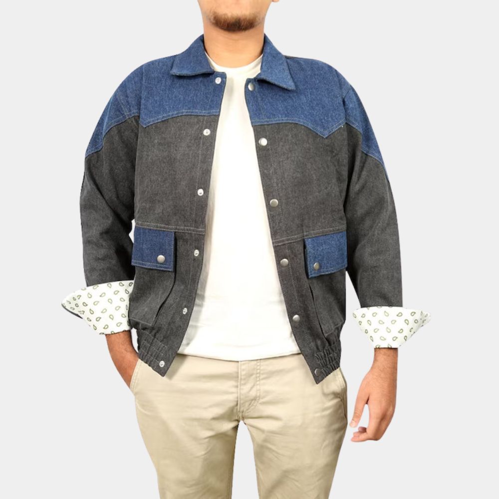 Back to the Future Marty Mcfly Grey and Blue Denim Jacket - Front View