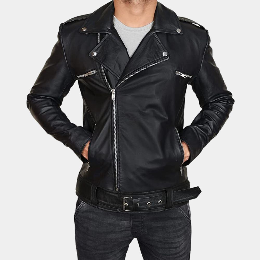 TWD Negan Leather Biker Jacket aka The Walking Dead Superstar Negan Double Rider Jacket - Front View
