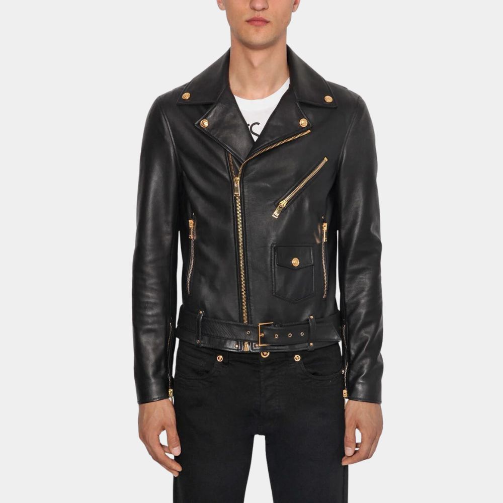 Men's Wade Black Leather Biker Jacket - Front View