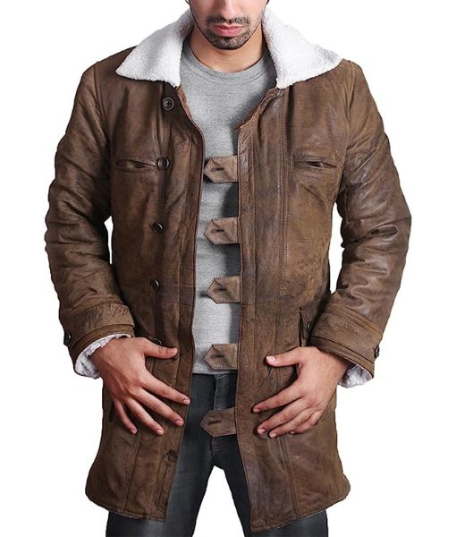 TDKR Bane Coat is Distressed Brown Leather aka Tom Hardy Faux Shearling Trench Coat