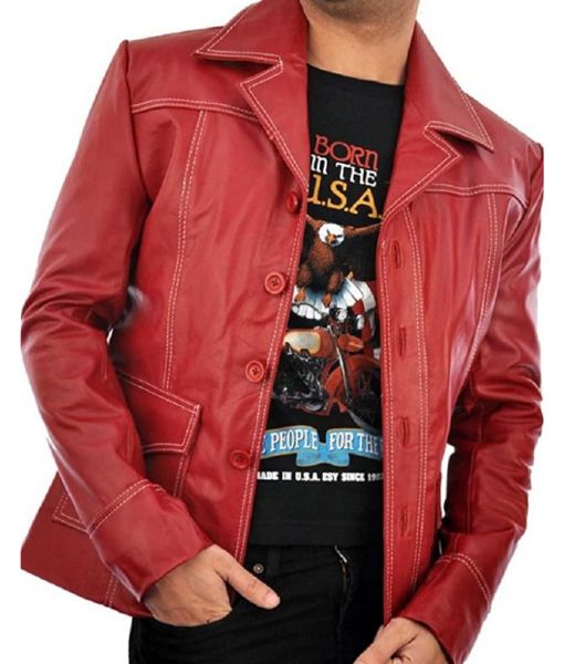 Fight Club Tyler Durden Red Jacket with exposed Stitching in Faux and Real Leather