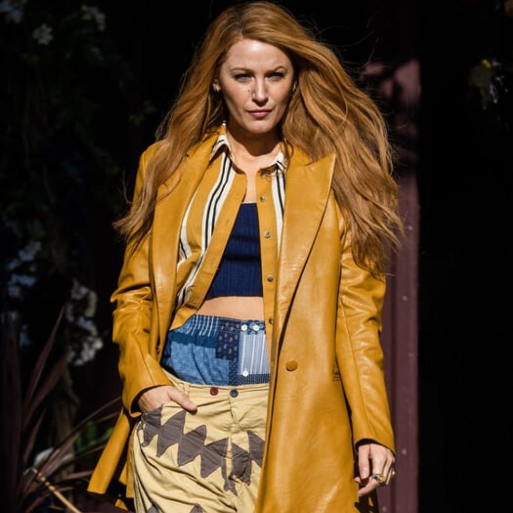 It Ends with Us Blake Lively Yellow Leather Blazer - Lily Bloom Amazing Jacket - Front View