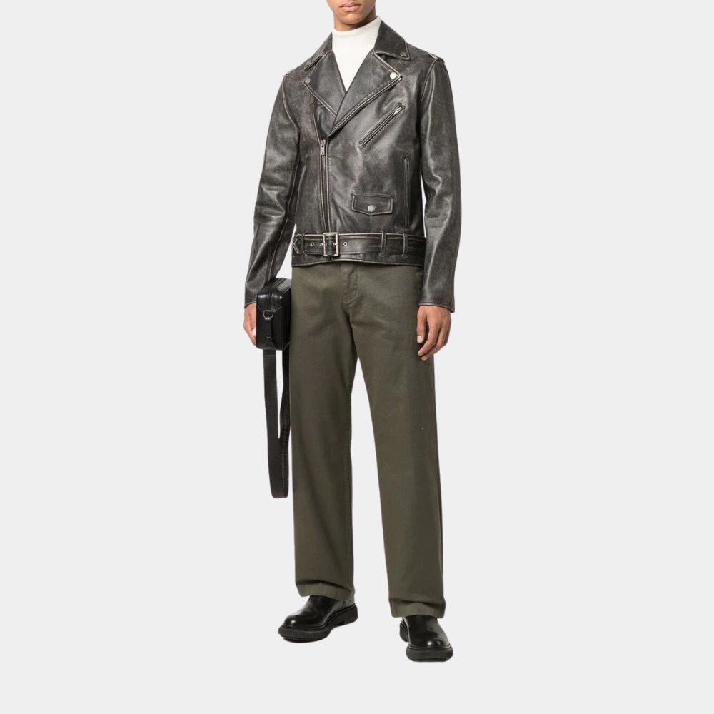 Neighbours Mike Young Biker Jacket | Guy Pearce Distressed Black Leather Jacket - Front View