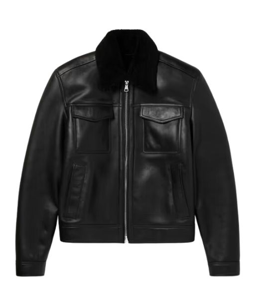 Parker Faux Shearling Black Leather Trucker Jacket