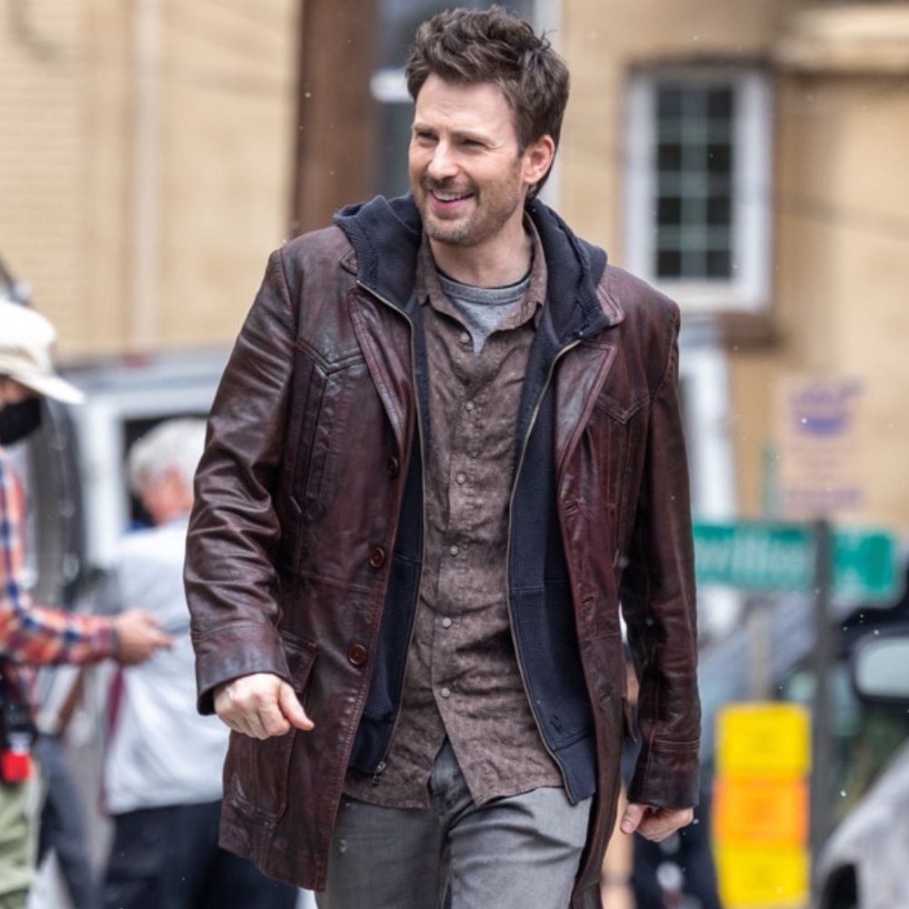Red One Chris Evans Brown Leather Jacket | Jack O'Malley Car Coat - Front View