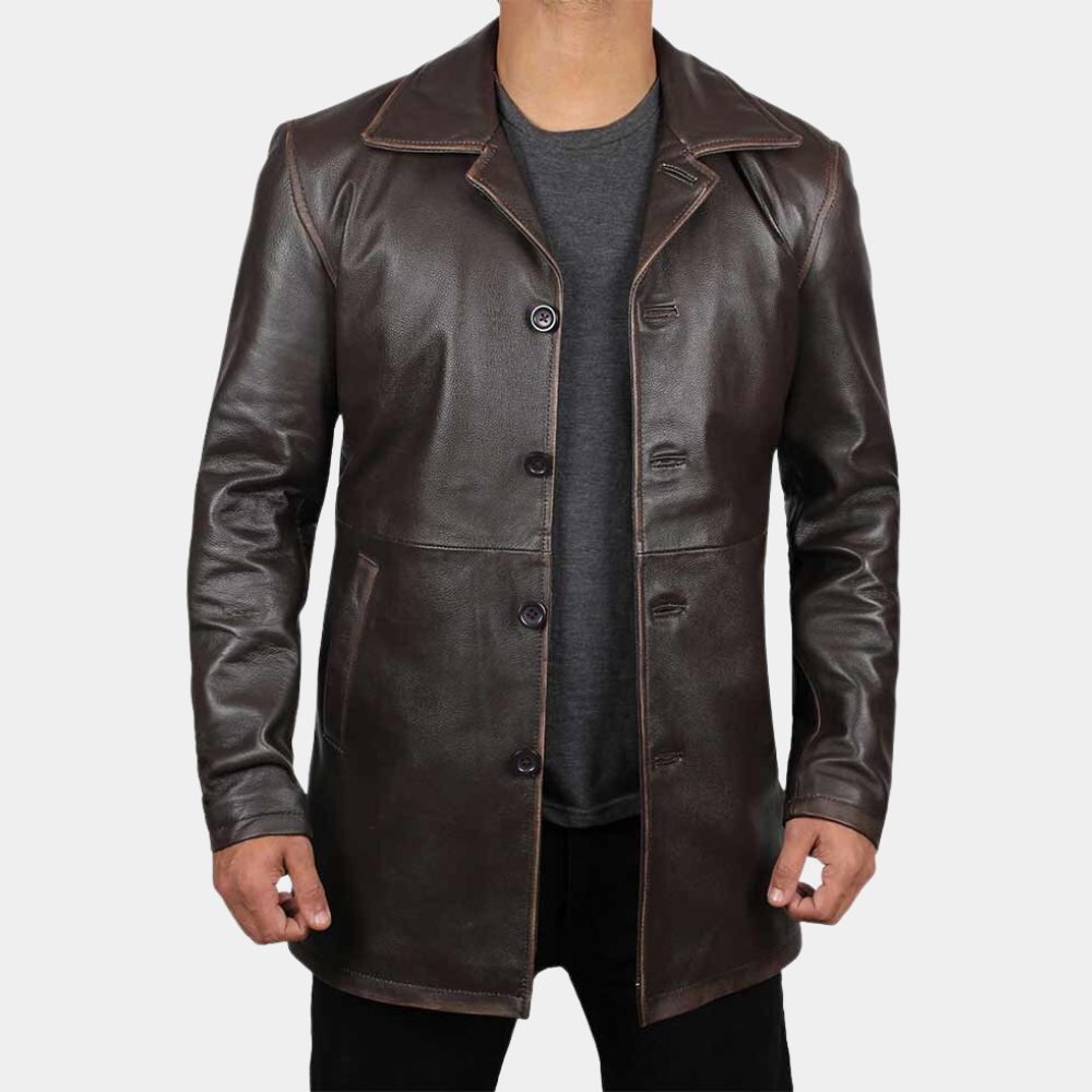 Simulant Kessler Distressed Rust Brown Coat - Sam Worthington Jacket - Front View