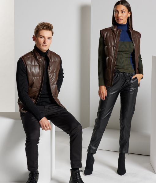 Unisex Dylan Brown Leather Puffer Vest | Real Leather Down Gilet