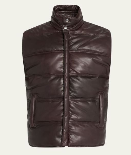 Men's Nolan Brown Leather Puffer Vest | Real Leather Down Gilet