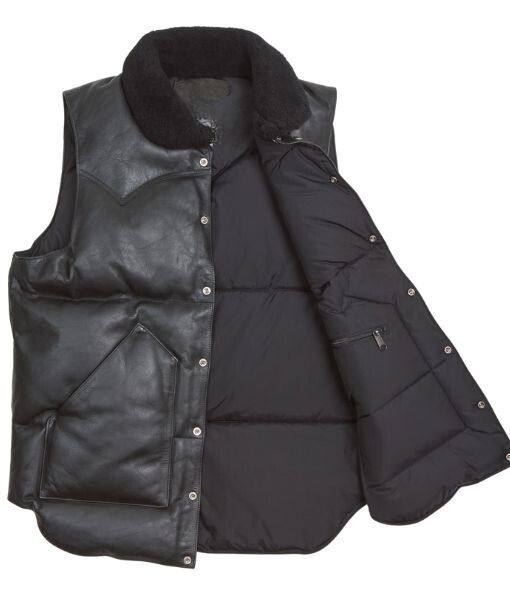 Men's Sherpuff Black Leather Puffer Vest with Faux Shearling Collar| Real Leather Down Vest