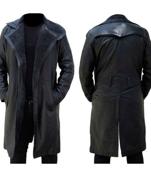 Ryan Gosling Blade Runner 2049 Black Leather With Shearling Lining Trench Coat