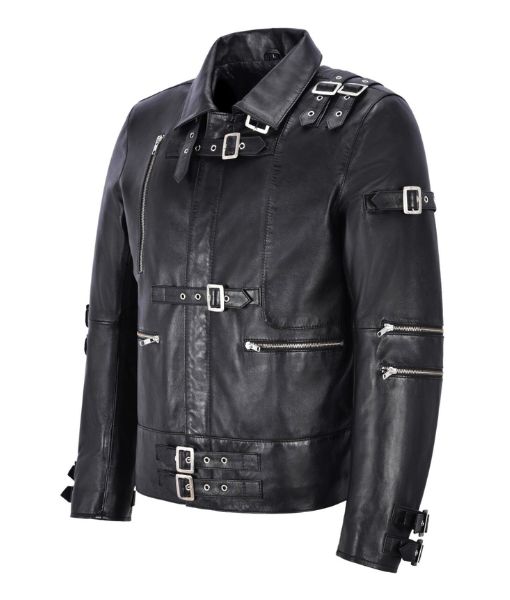 Michael Jackson Bad Tour Black Leather Jacket with Buckle Design