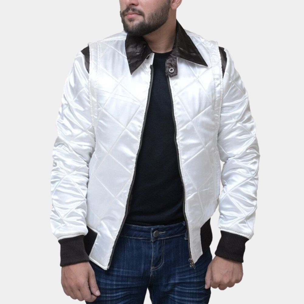 Ryan Gosling Drive Scorpion Bomber Jacket In Satin Fabric - Front View