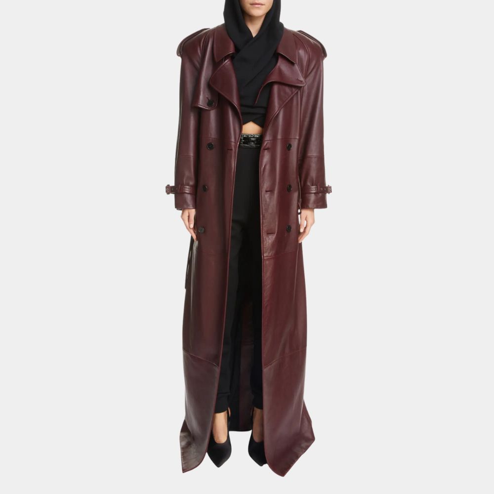 Kim Kardashian Long Burgundy Leather Coat