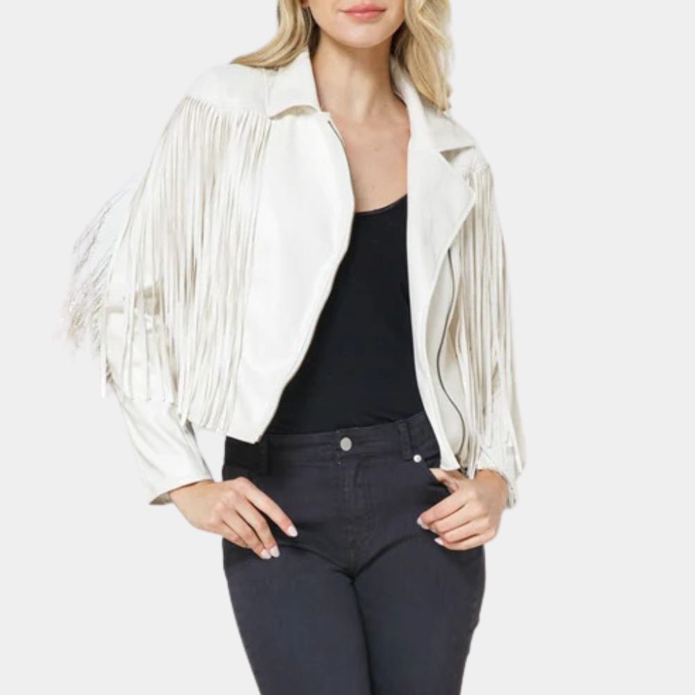 Totally Killer Jamie Hughes Off-White Fringe Leather Jacket | Classic Western Style Fringe Jacket - Front View